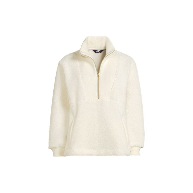 Sherpa Fleece Ribbed Zip Collar Top, Women, size: L, regular,