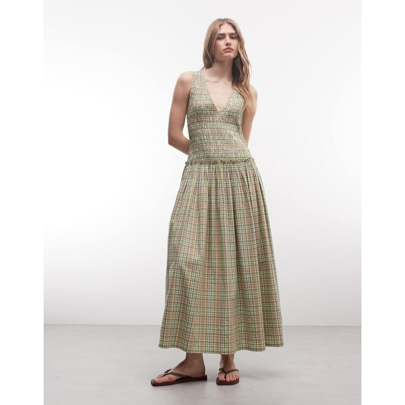 COLLUSION shirred v-neck maxi dress in green check