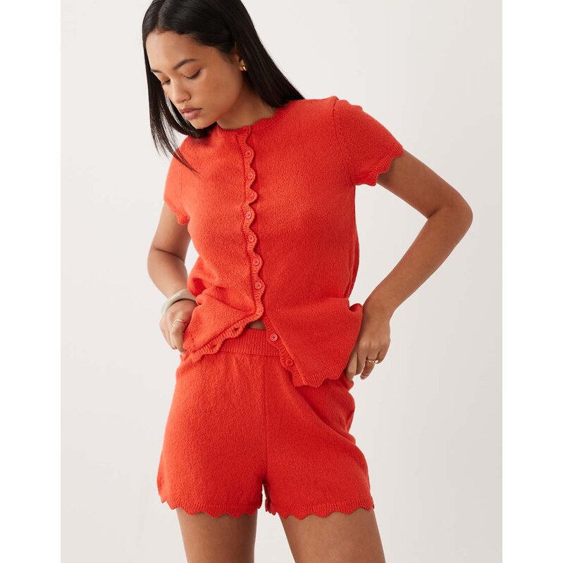 ASOS DESIGN slub yarn shorts with scallop edge co-ord in red