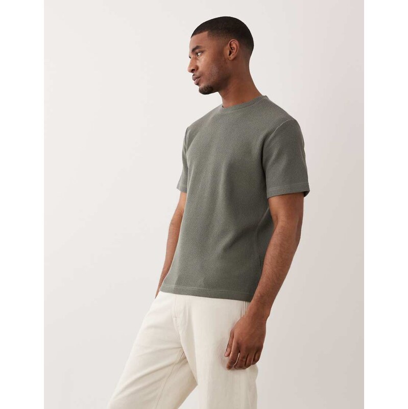ONLY & SONS relaxed fit waffle t-shirt in sage grey-Green