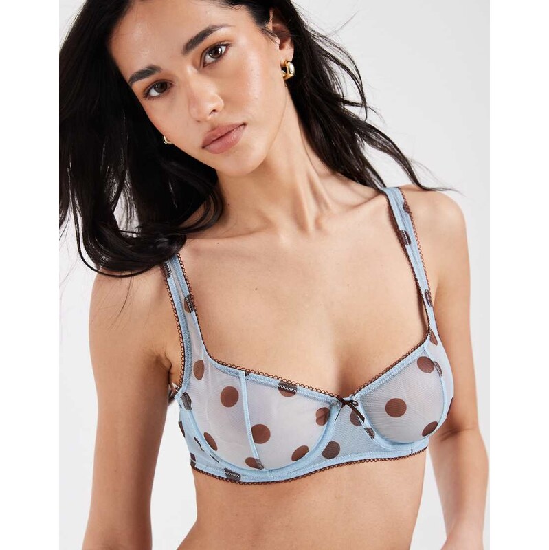 ASOS DESIGN Astrid sheer mesh polka dot underwire bra in blue &