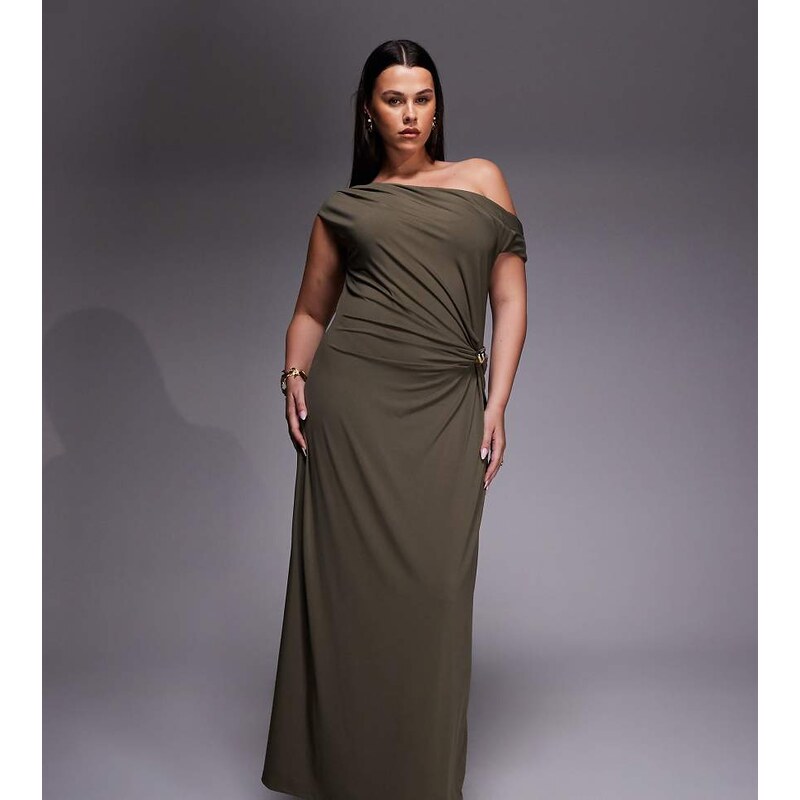 Forever New Curve asymmetric fallen shoulder midaxi dress in khaki 114698973