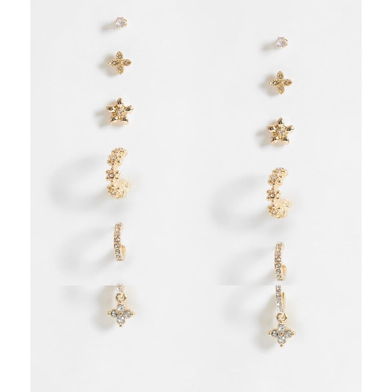Accessorize pack of 6 diamante flower earrings in gold 114699012