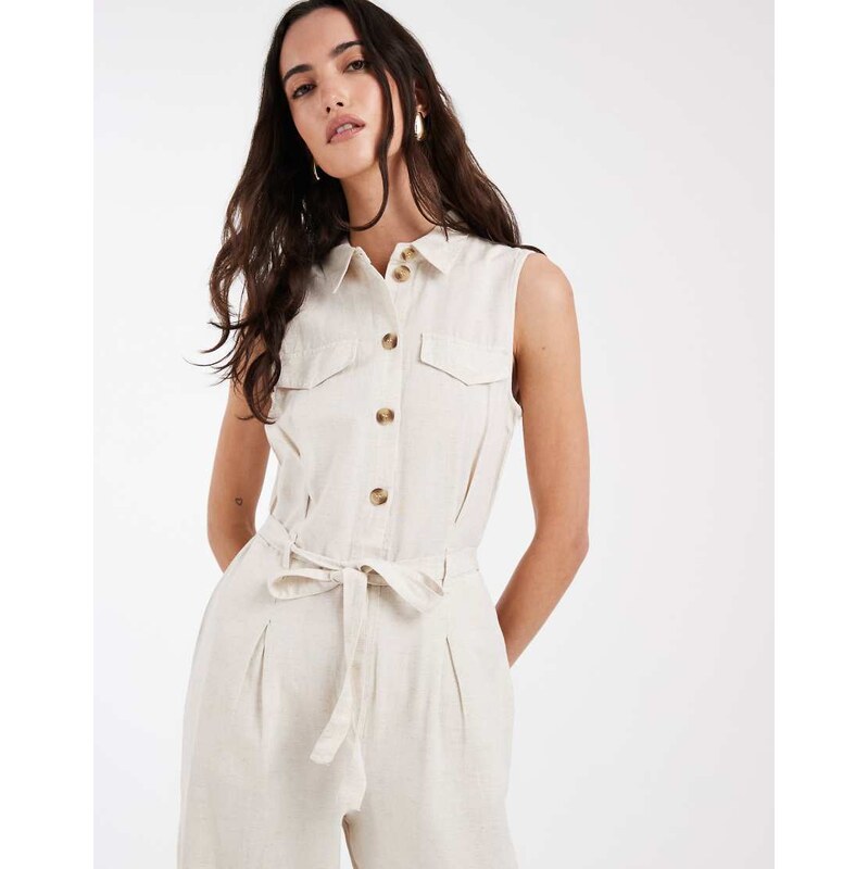 Vero Moda linen look utility style tie waist jumpsuit in cream