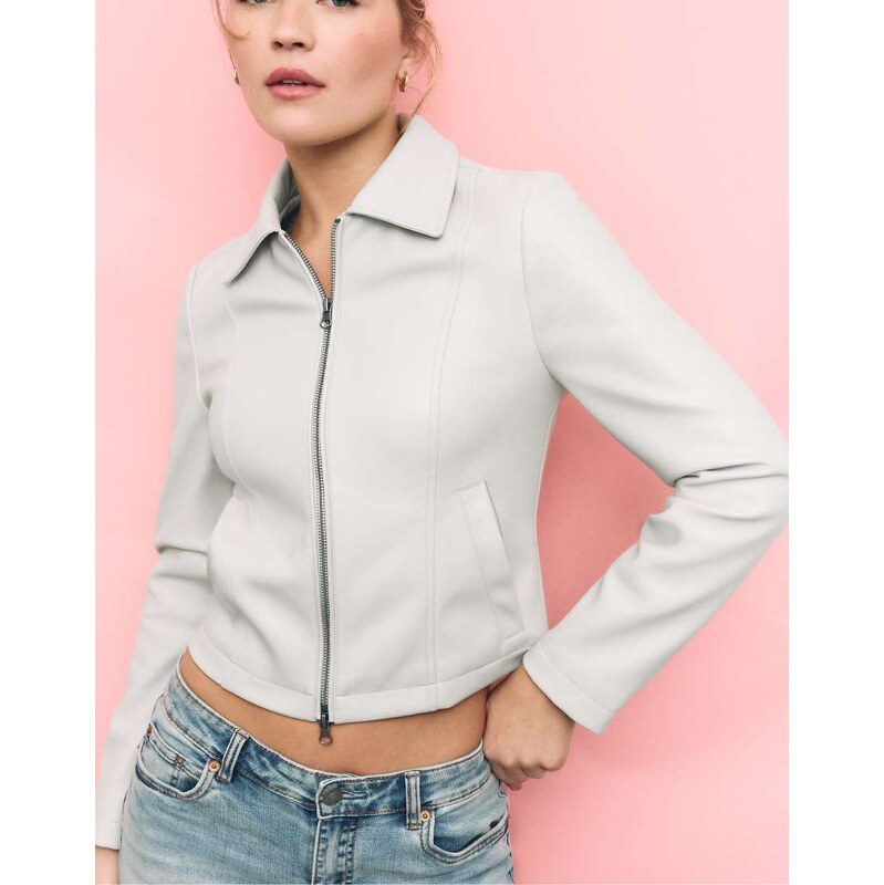 Stradivarius Fitted leather effect jacket in ecru-White