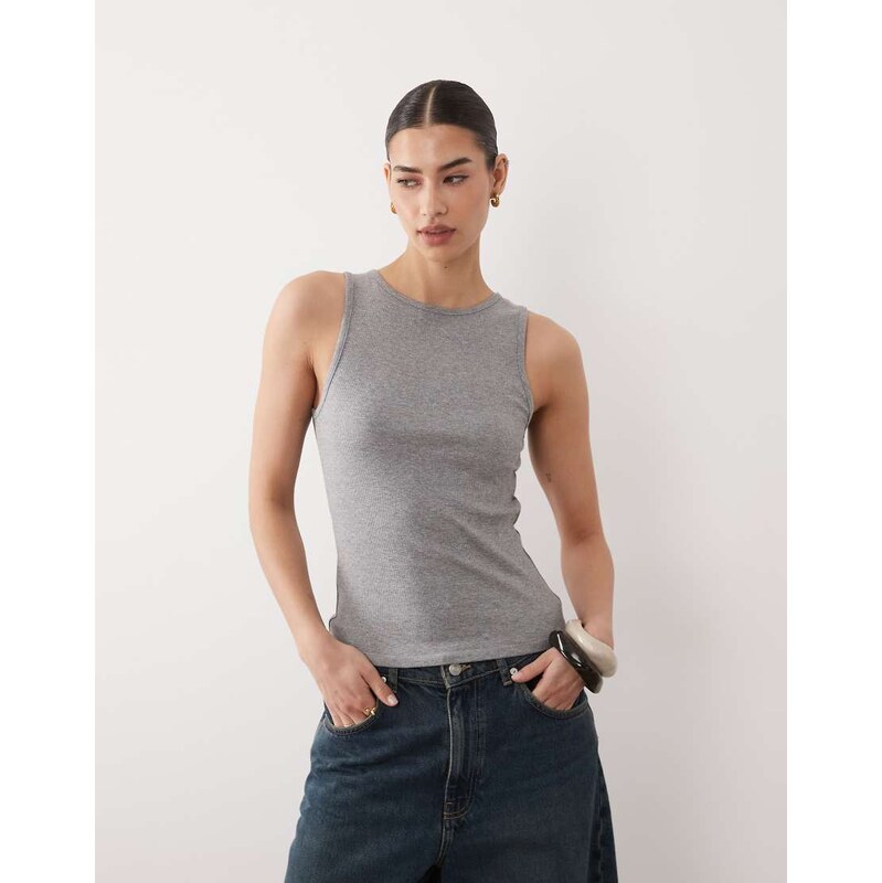 Mango cotton rich ribbed racer vest in grey