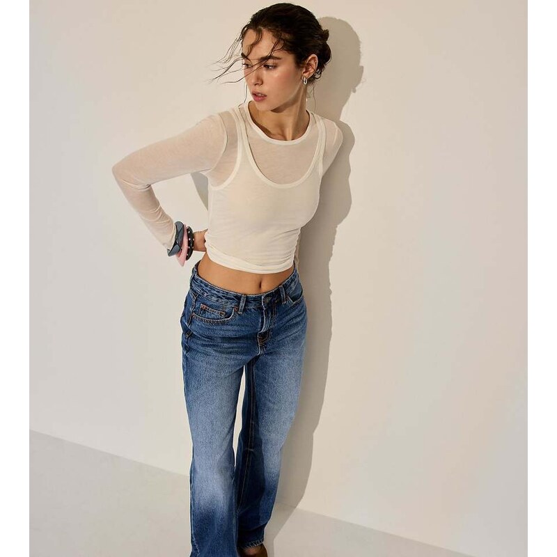 Stradivarius Tall d92 straight wide-leg jeans in rinse blue