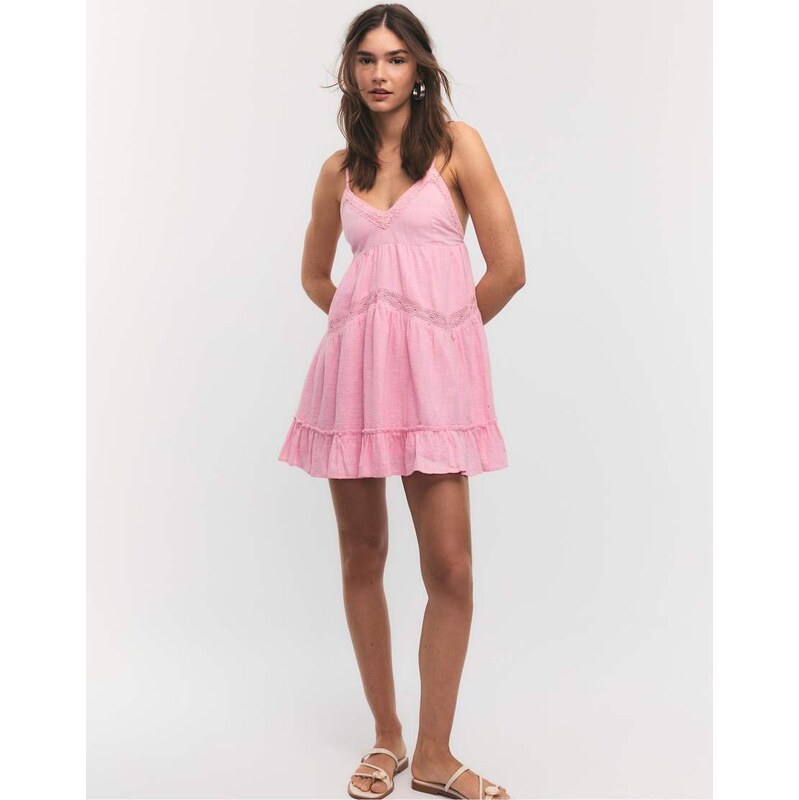 Stradivarius Short dress with lace detail in bubblegum pink 114699193