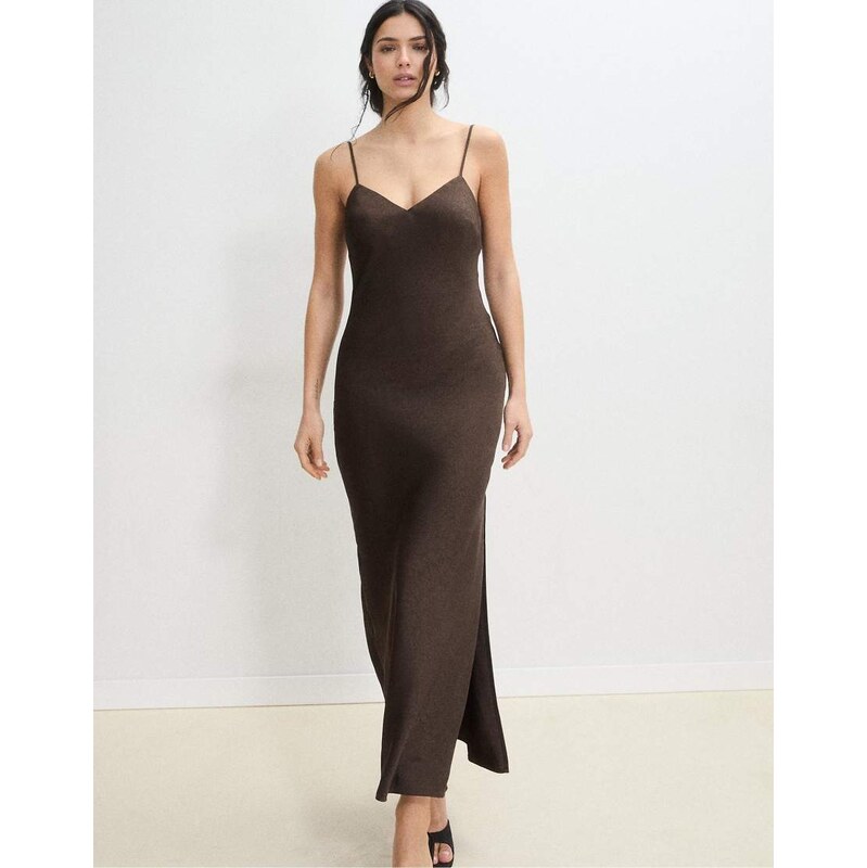Stradivarius Satin midi dress in brown 114699197