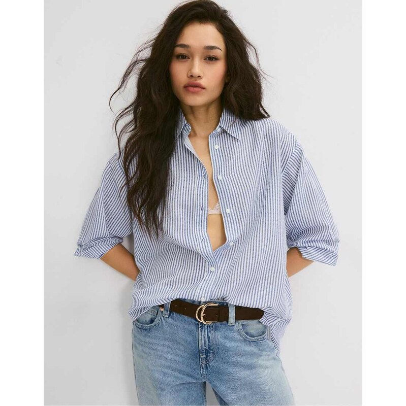 Stradivarius Linen-effect shirt in dark blue-Navy 114699211