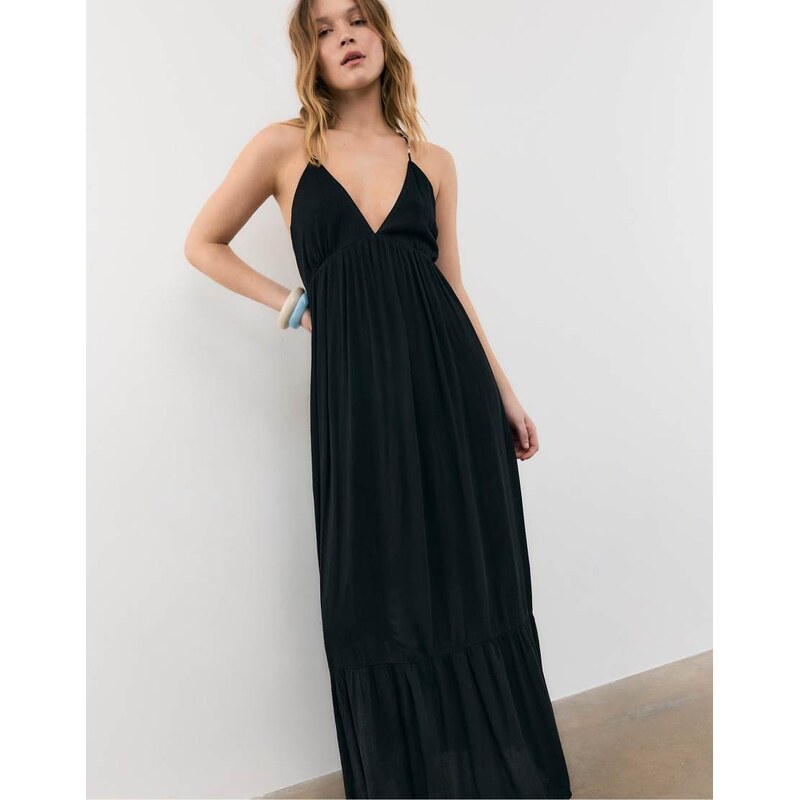Stradivarius Long crepe dress with beading straps in black