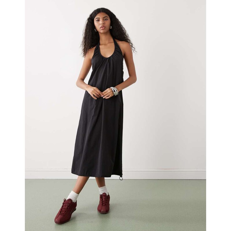 COLLUSION nylon ruched volume halter midi dress in black-Brown 114712476
