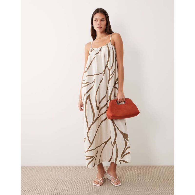 Vila linen touch cami maxi dress in brown floral print-Multi