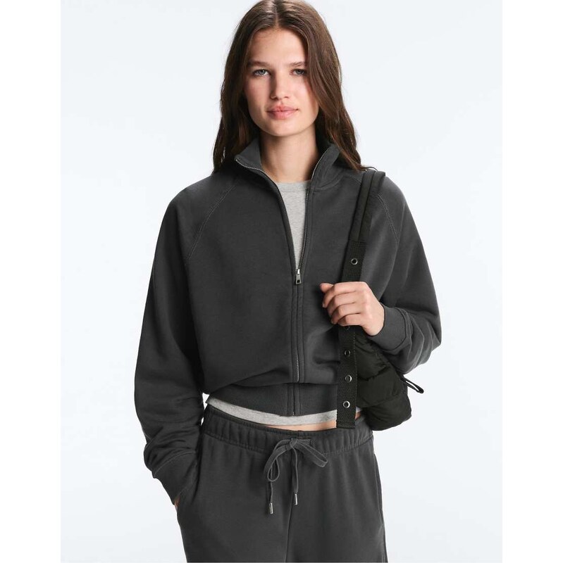 OYSHO Round neck plush jacket in dark anthracite-Grey 114841632