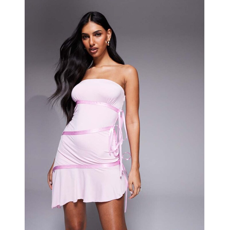I.AM.GIA Arly slinky bandeau contrast satin ribbon trim asymmetric hem 114708792