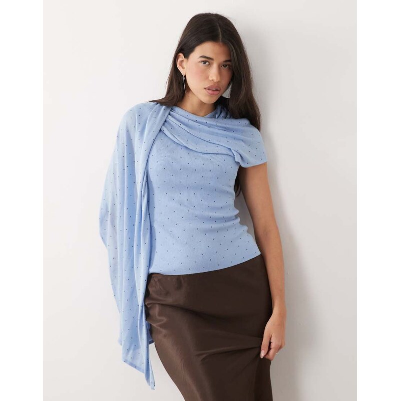Gina Tricot lightweight knit cape drapey top in blue polka dot