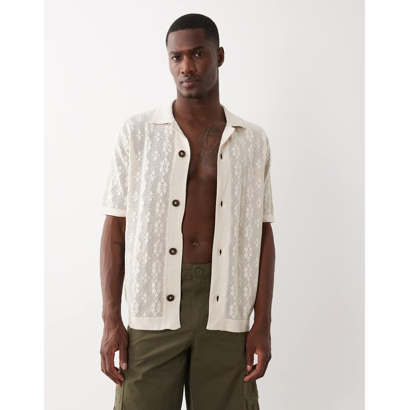 ONLY & SONS open knit shirt in cream-White