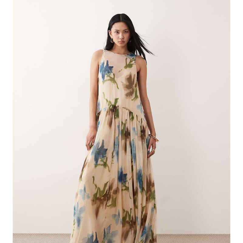 ASOS Tall ASOS DESIGN Tall racer neck smock maxi dress in pink floral 115516431