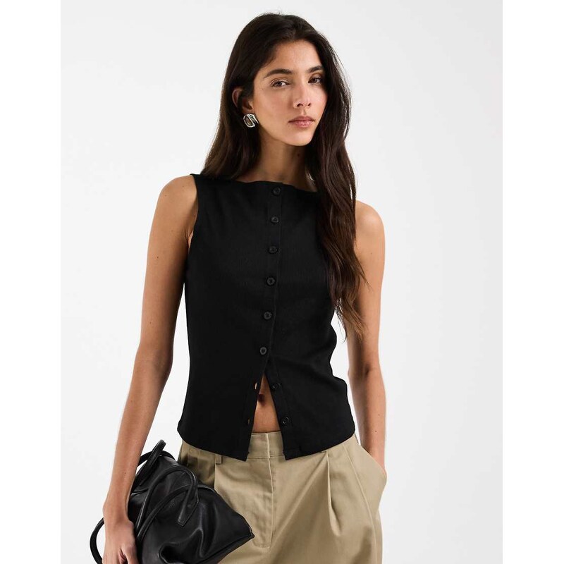 ASOS DESIGN button down boat neck top in black