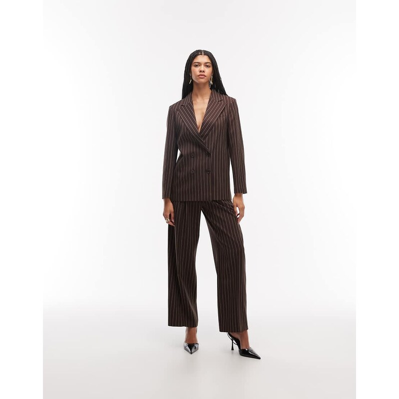COLLUSION wide leg pleated trouser co-ord in chocolate pinstripe