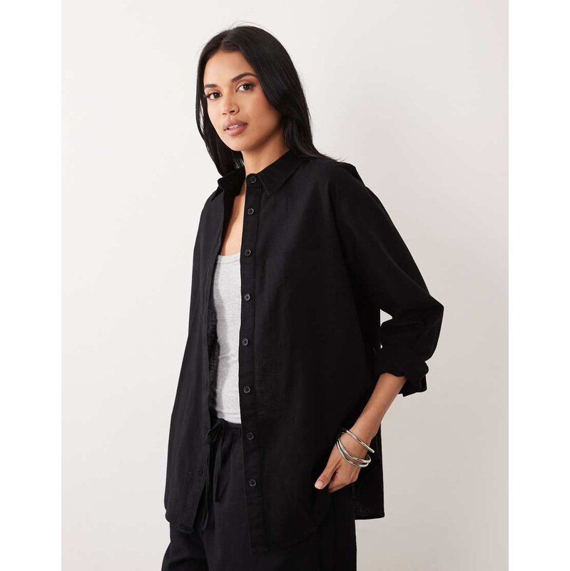 ASOS DESIGN oversized cotton shirt with linen in black