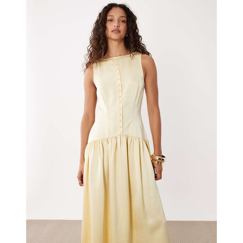 Pretty Lavish satin button down drop waist midaxi dress in lemon 114704009