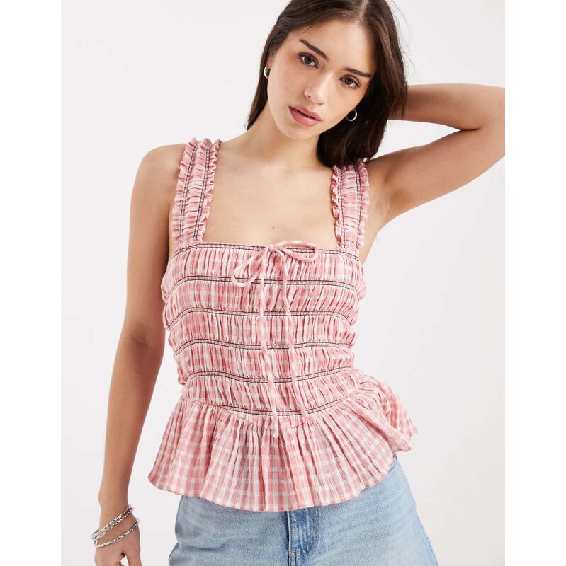 ASOS DESIGN shirred seersucker milkmaid cami in pink gingham