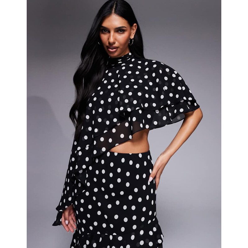 Forever New chiffon asymmetric crop top co-ord in mono polka dot-Black 114704034