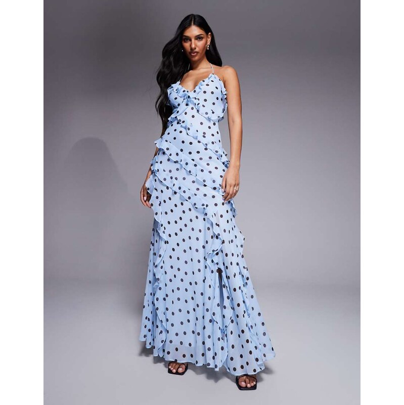 Forever New low back halter neck ruffle maxi dress in blue polka