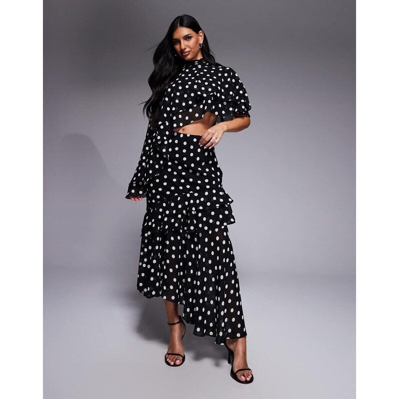 Forever New chiffon asymmetric midi skirt co-ord in mono polka