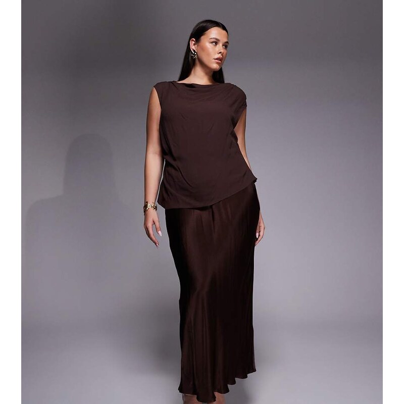 Forever New Curve 2 In 1 top overlay and slip maxi dress in chocolate 115520288