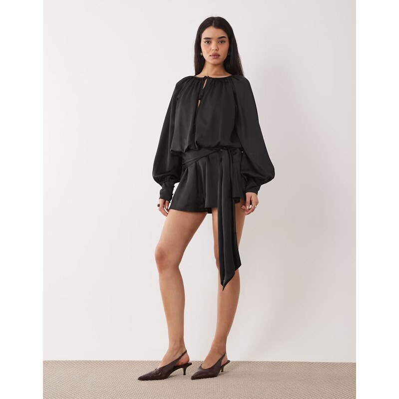 ASOS DESIGN satin long sleeve playsuit with tie detail in black 114704042