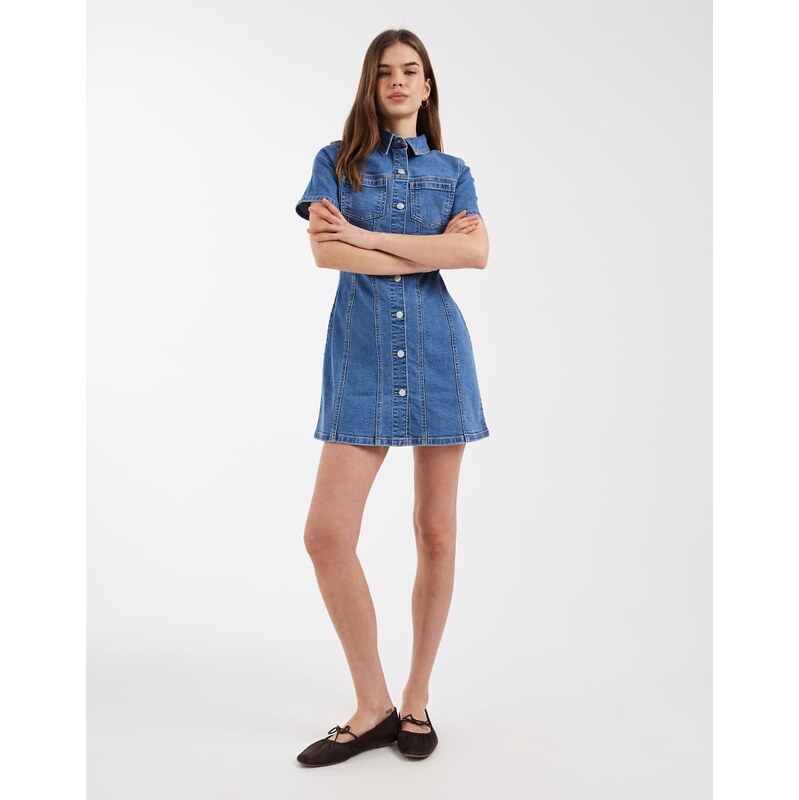 ASOS DESIGN denim fitted shirt mini dress in mid blue