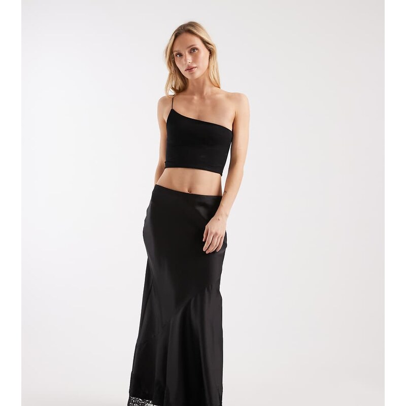ASOS Petite ASOS DESIGN Petite lace hem fishtail maxi skirt in black 114727925