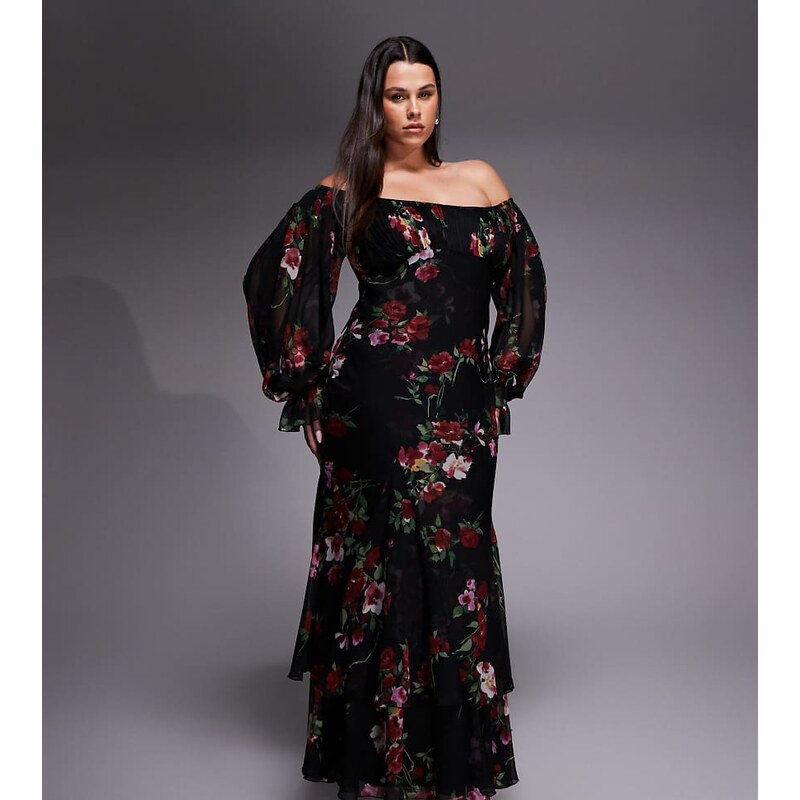 ASOS Curve ASOS DESIGN Curve bardot ruffle maxi dress with tiered 114704060