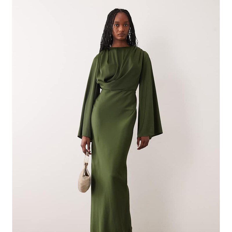 ASOS Tall ASOS DESIGN Tall flute sleeve draped dress in khaki-Green 115128245
