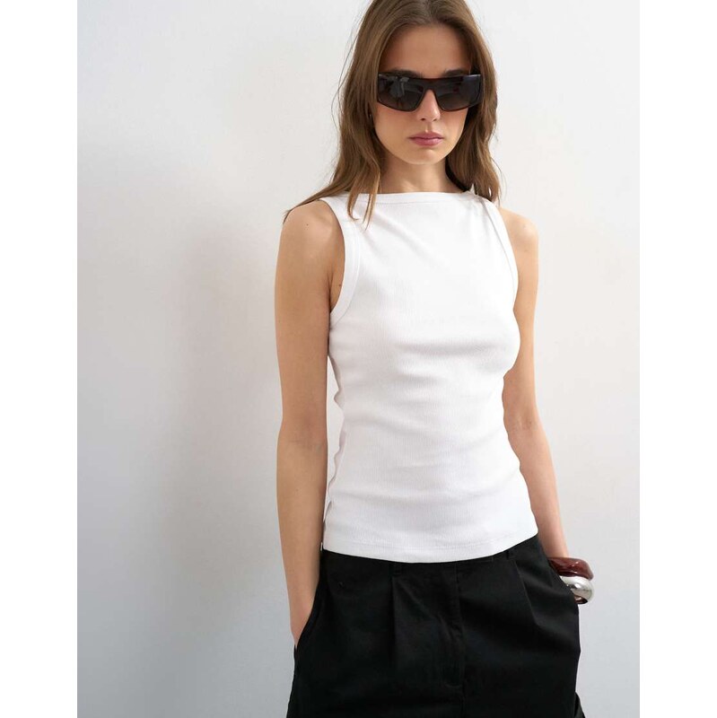 Topshop slash neck racer vest in white-Black