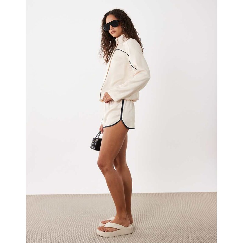 ASOS DESIGN satin side stripe runner shorts in ecru co ord-White