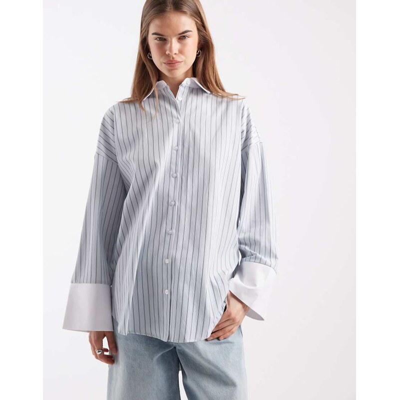 ASOS DESIGN oversized contrast cuff shirt co ord in blue stripe
