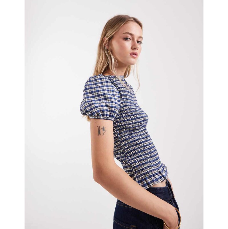 ASOS DESIGN shirred puff sleeve top in blue check co ord-Multi