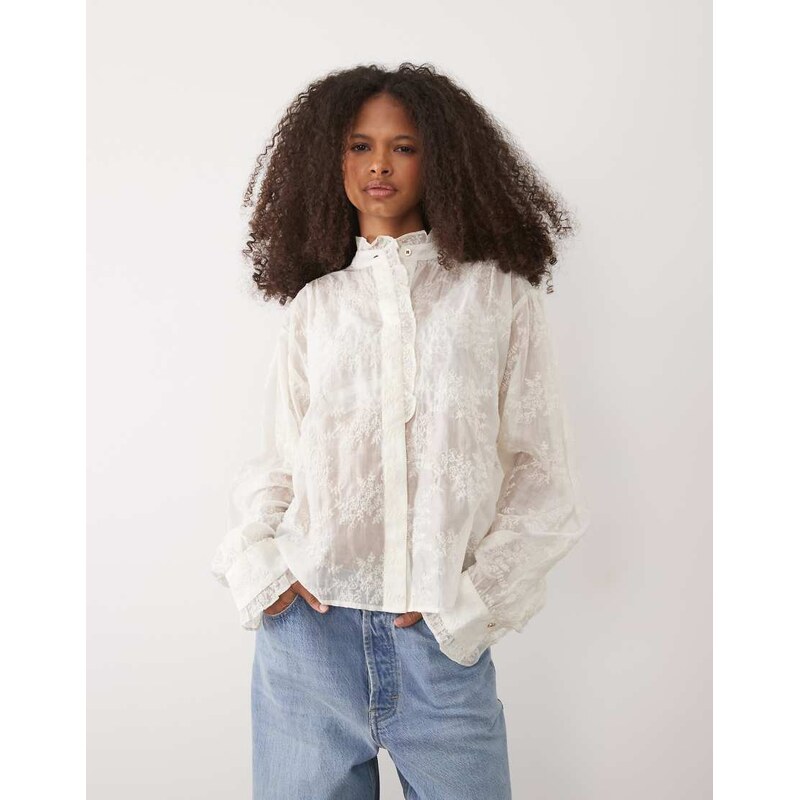 Mango high neck frill detail embroidered blouse in cream-Neutral