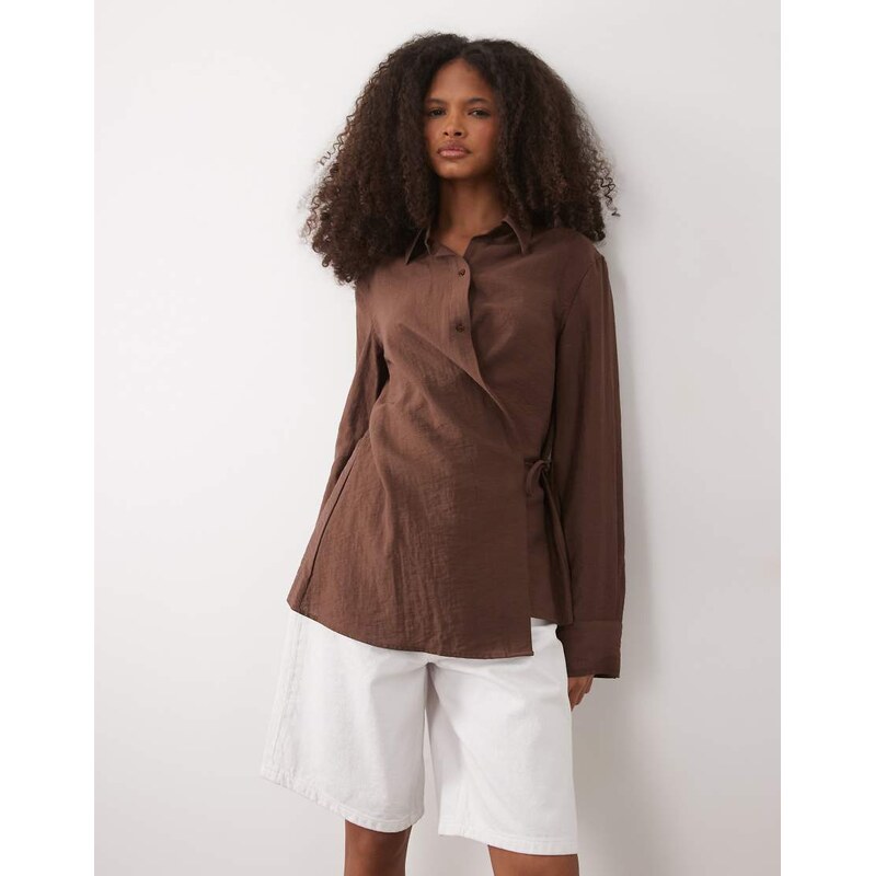 Mango linen mix long sleeve shirt with side tie in brown 114969740