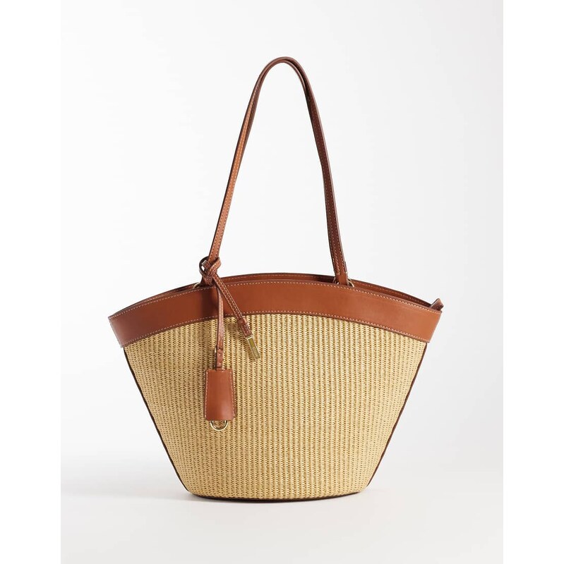Mango woven shoulder bag with faux leather trim in beige-Neutral 114704143