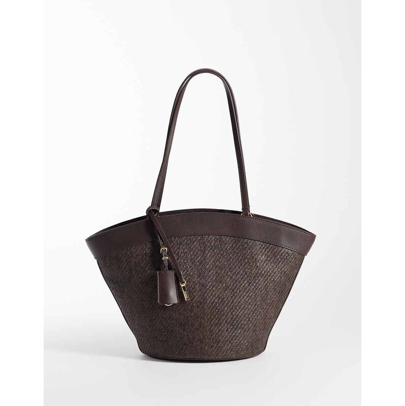 Mango woven shoulder bag with faux leather trim in brown 114704144