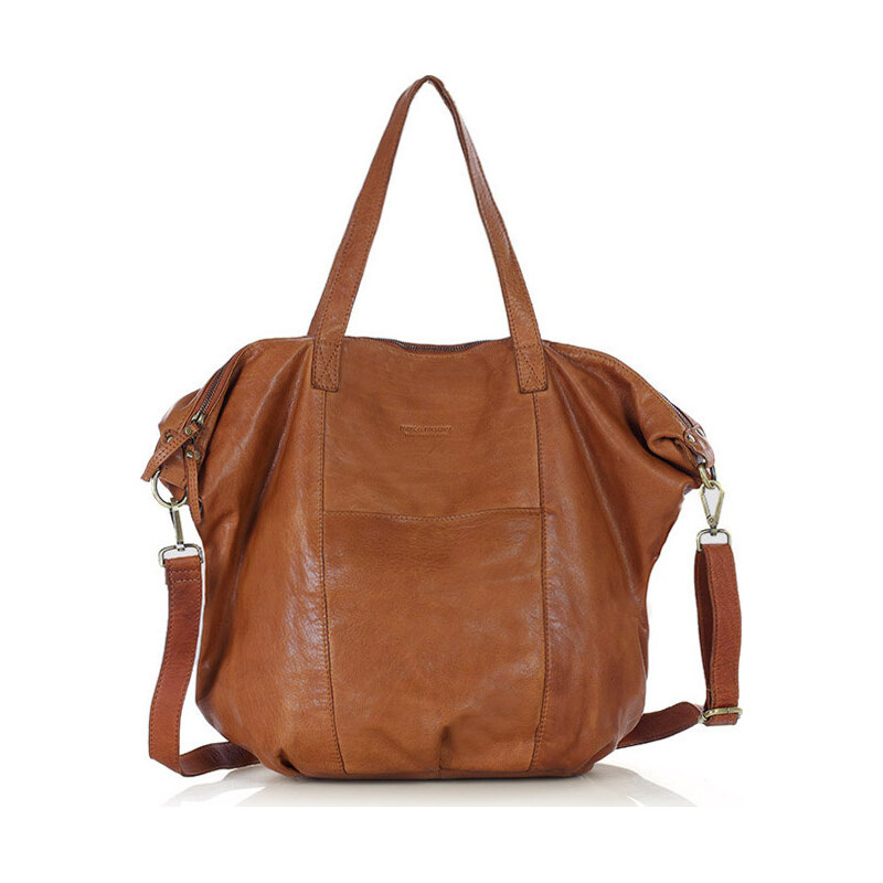 MARCO MAZZINI Karamelová kožená shopper bag s pletenou vsadkou Hnědá 85881934