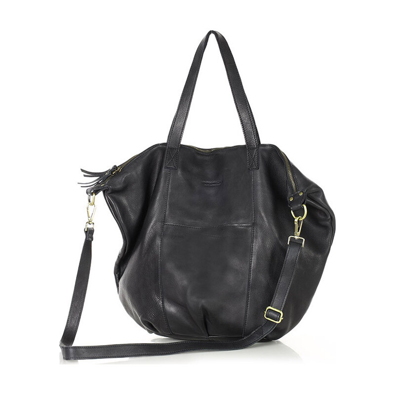 MARCO MAZZINI Černá kožená shopper bag s pletenou vsadkou