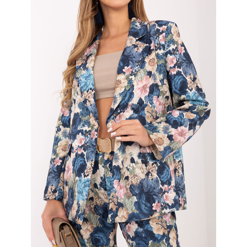 RUE PARIS Modrý dámský blazer s květinami