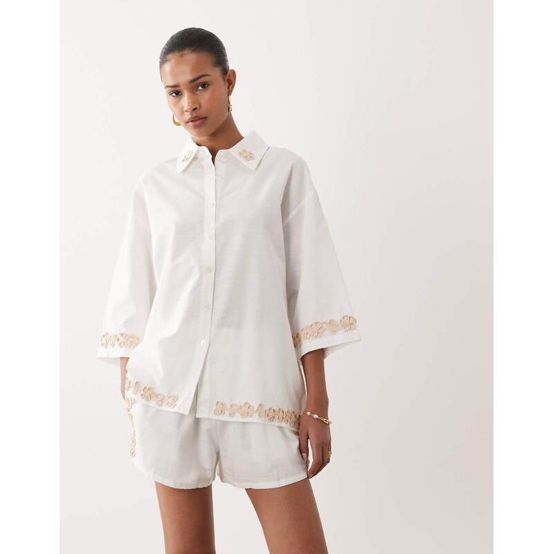 SNDYS linen & cotton blend flower applique trim oversized shirt co-ord 114789773