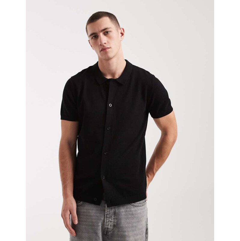 New Look button through knitted polo top in black
