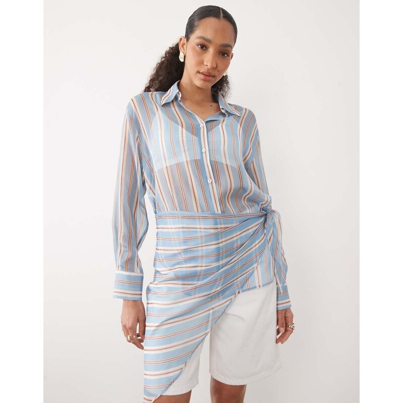 Mango sheer shirt in blue and brown stripe-Multi